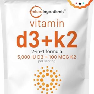 Micro Ingredients Vitamin D3 5,000 IU + K2 MK-7 100 mcg, 300 Softgels | 2-in-1 Bone, Immune & Heart Support | Easy to Swallow, Non-GMO