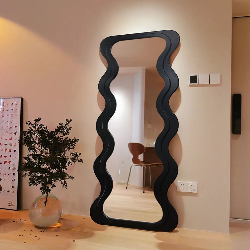 Wavy Large Full Floor Length Wave Shape Wooden Frame Stand Mirrors Arch Irregular Decorative Wall Dressing Full-Length Mirror